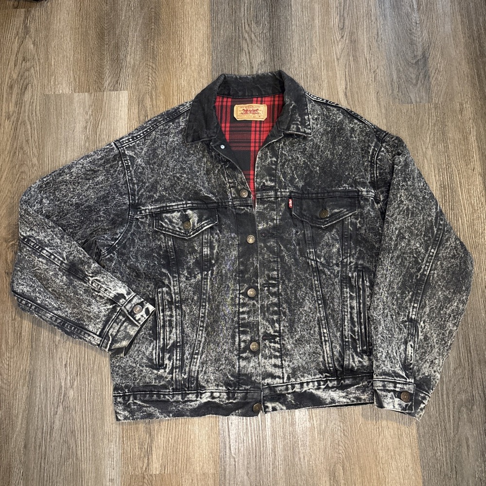 VTG Levis Trucker Jacket Medium Acid Wash Black Blanket Lined USA Made 70417 80s